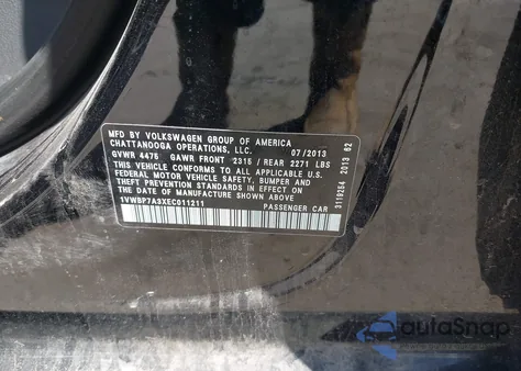 2014 Volkswagen Passat 2.5L Se z USA, uszkodzony, nr VIN 1VWBP7A3XEC011211